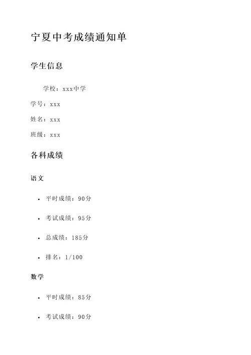 宁夏中考成绩通知单