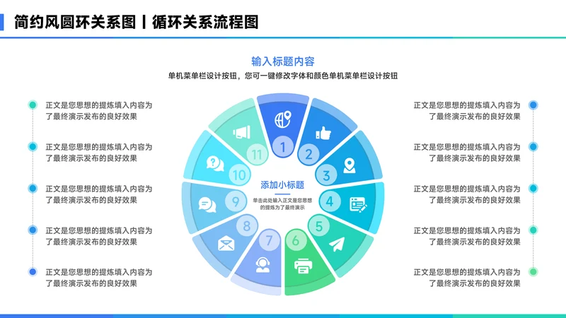 蓝色简约风11项圆环关系图PPT
