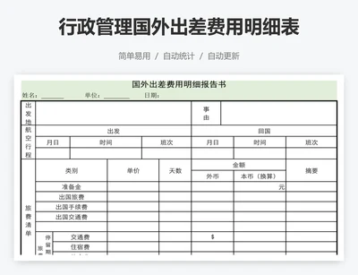 行政管理国外出差费用明细表