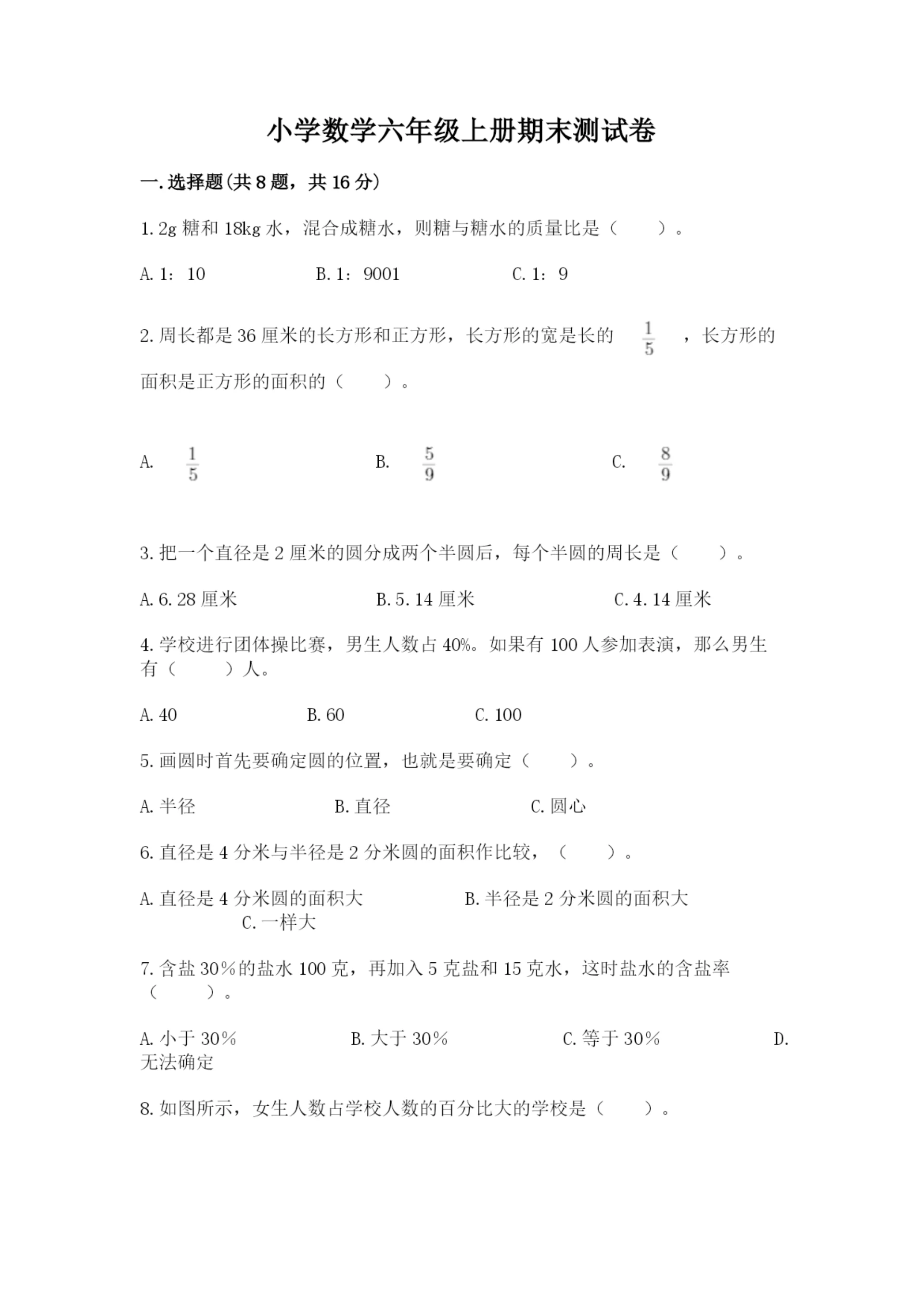 小学数学六年级上册期末测试卷【重点】.docx