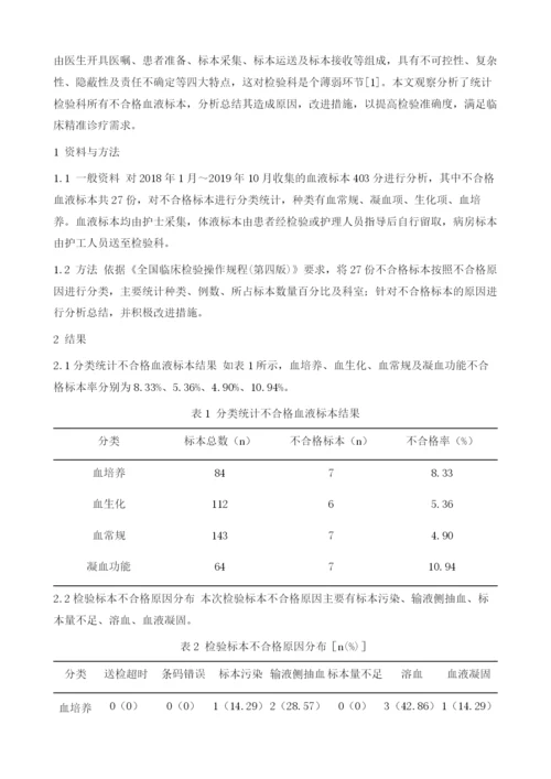 检验科不合格血液标本的分类统计分析原因及改进措施研究.docx