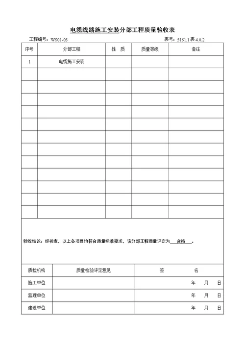 光伏发电项目电缆施工分项分部(子分部)工程质量验收表格可编辑Word文档