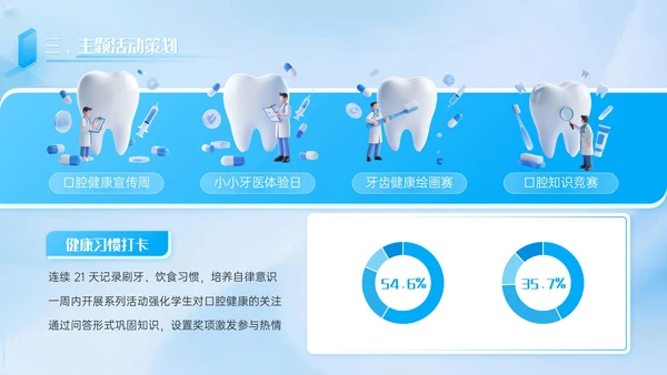 蓝色3D立体风学校口腔健康教育PPT模板