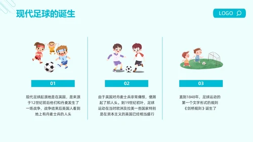 蓝色简约足球的起源与发展足球发展史PPT模板宣传PPT动态PPT