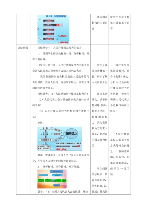 【核心素养目标】6.1 国家权力机关 教学设计（表格式）人教版八年级道德与法治 下册