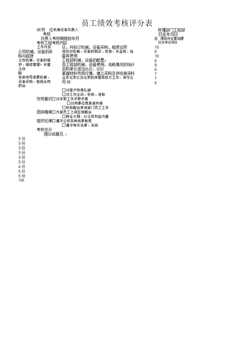 建筑公司绩效考核评分表