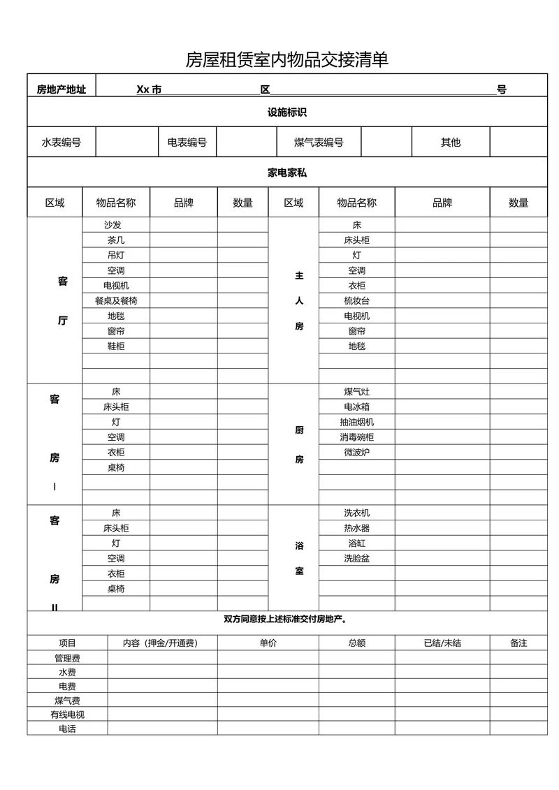 房屋租赁室内物品交接清单