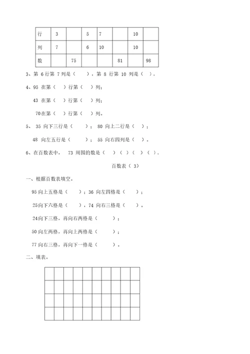 一年级数学百数表练习