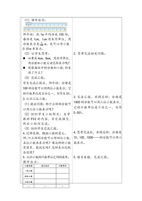 大单元教学【核心素养目标】4.1  小数的意义（表格式）教学设计 人教版四年级下册