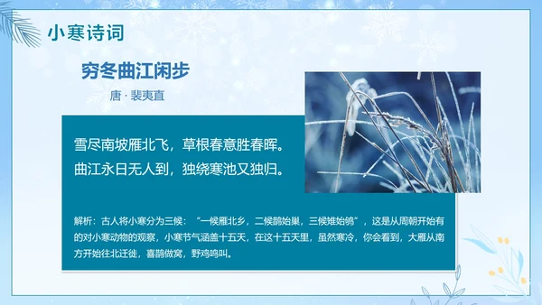 蓝色清新冬日二十四节气小寒主题班会PPT模板