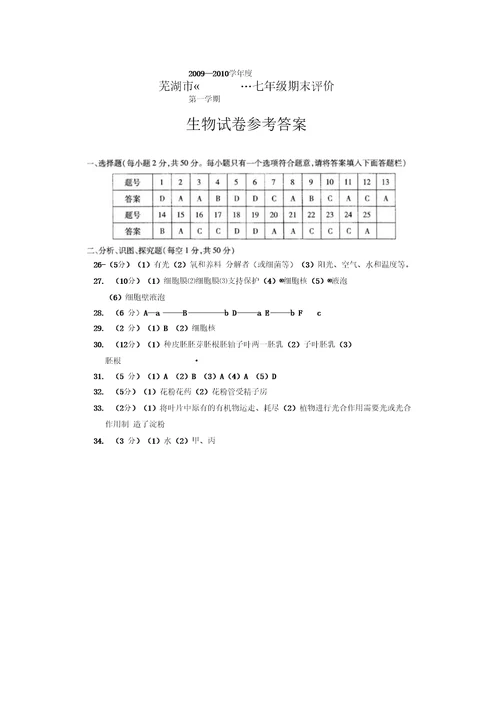 七年级期末评价生物试卷