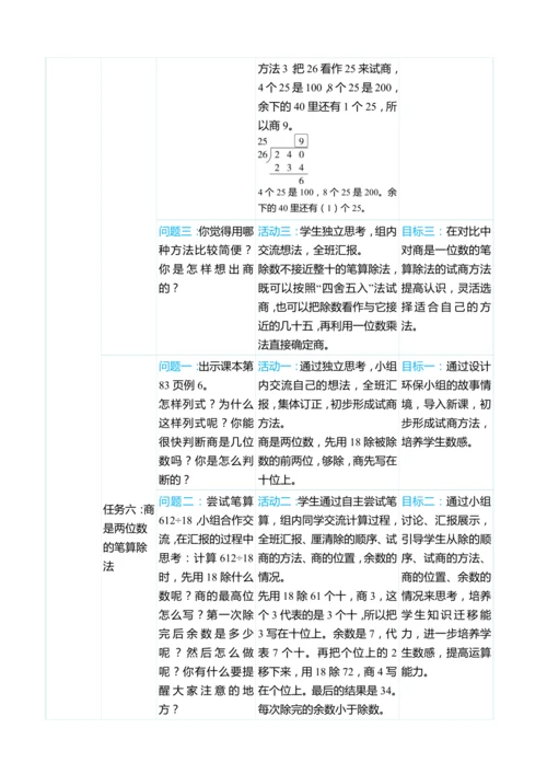 （大单元整体教学）第六单元 除数是两位数的除法 单元分析（表格式）教学设计 人教版 四年级上册数学