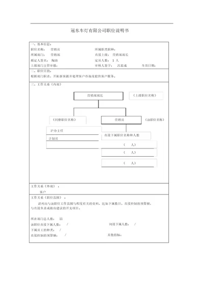 职务说明书营销员