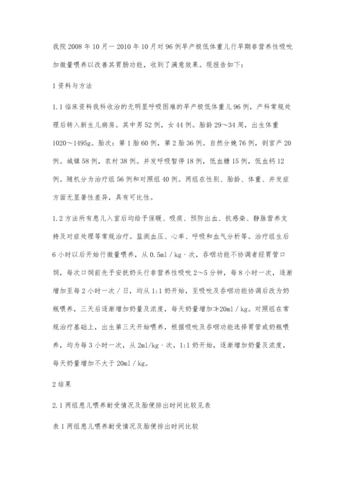 早产极低体重儿早期非营养性吸吮加微量喂养的临床观察.docx