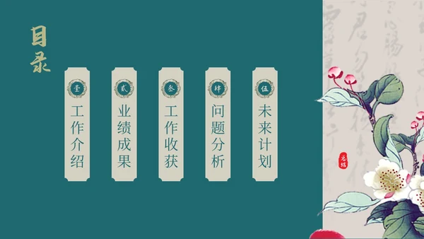 深青色中国风花鸟年终工作总结年终总结