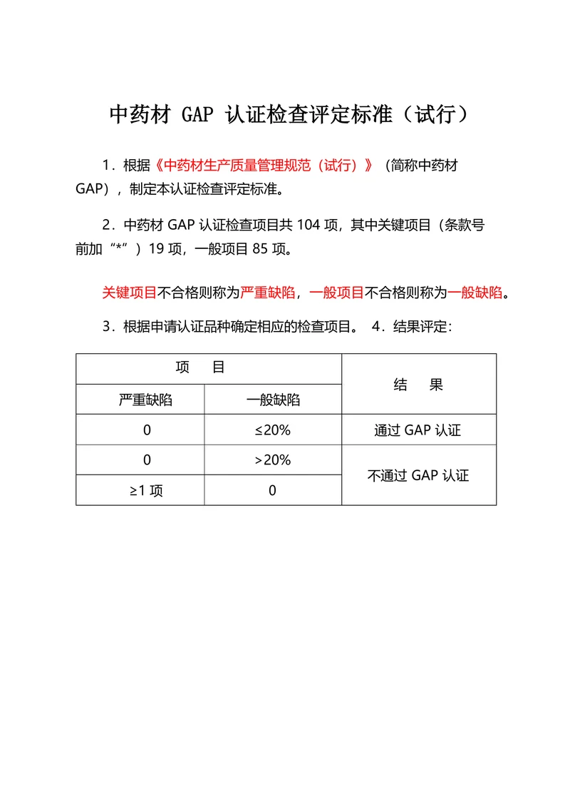 中药材 GAP 认证检查评定标准（试行）