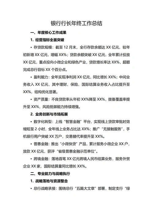 银行行长年终工作总结