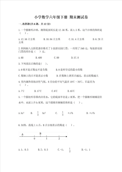 小学数学六年级下册期末测试卷精品黄金题型