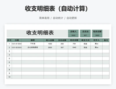 收支明细表（自动计算）