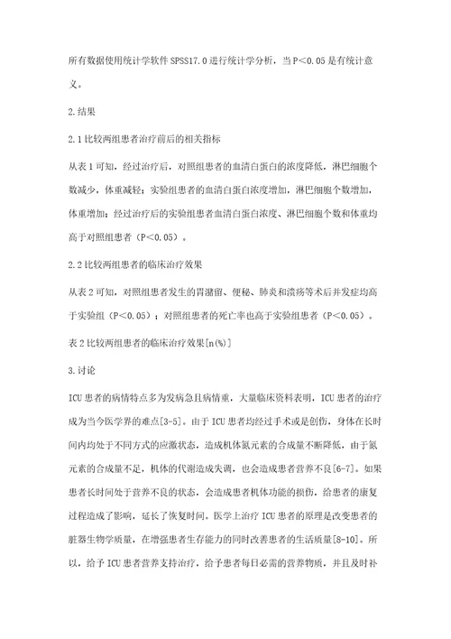 营养支持疗法应用于ICU重症患者治疗中的价值评价李艳萍