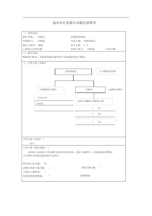 职务说明书营销员