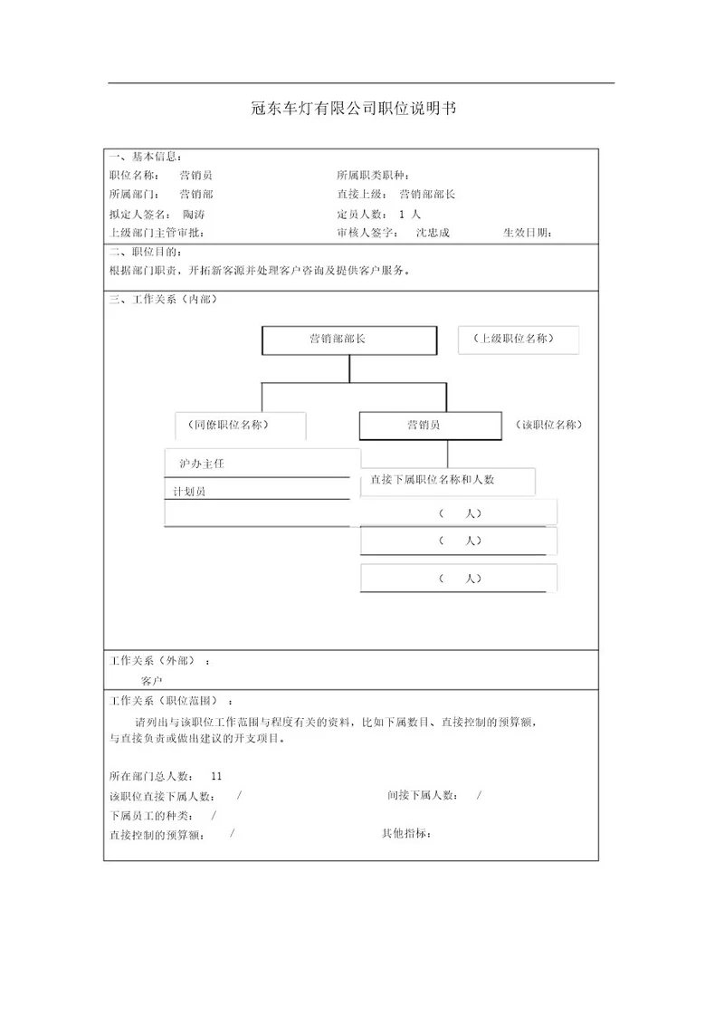 职务说明书营销员