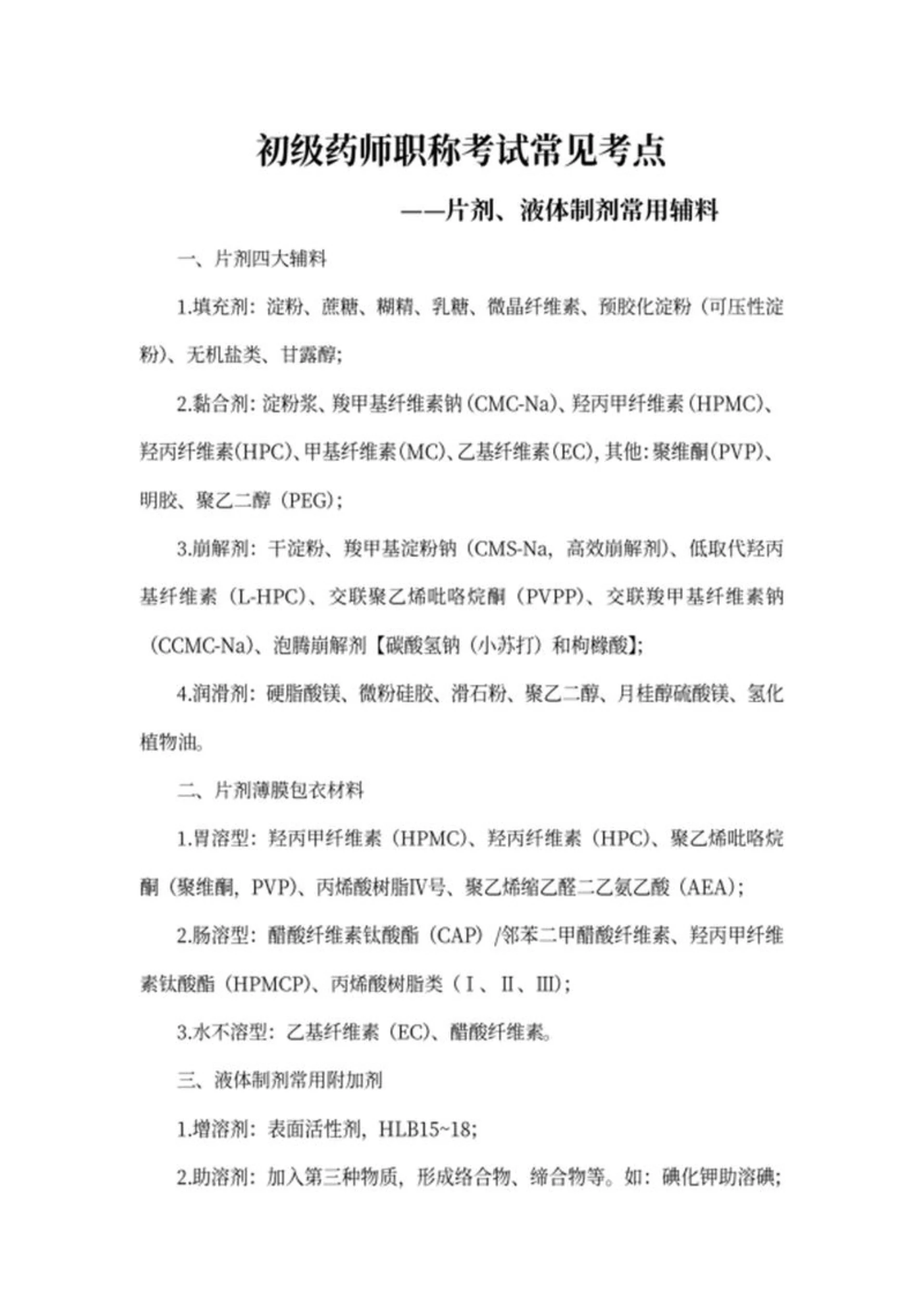初级药师职称考试常见要点考点word模板