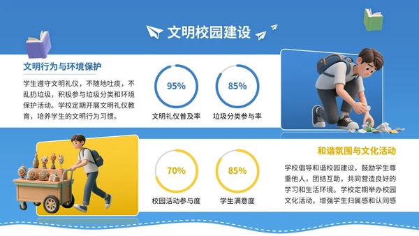 蓝黄色3D立体风9月开学季新生入学教育讲座PPT模版