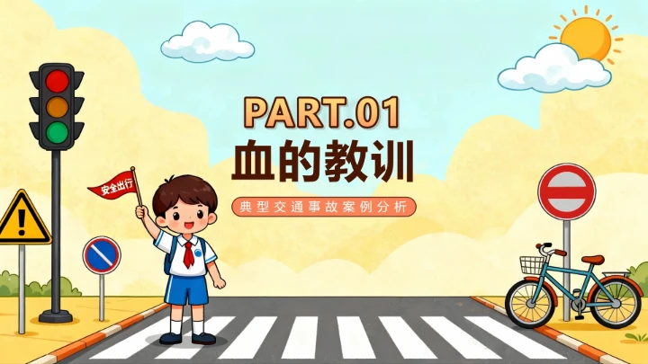 手绘卡通插画风交通安全日科普主题班会PPT模板