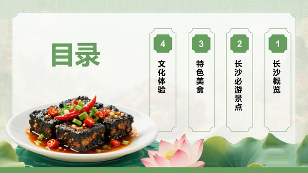 绿色摄影风长沙城市深度游线路攻略PPT模板