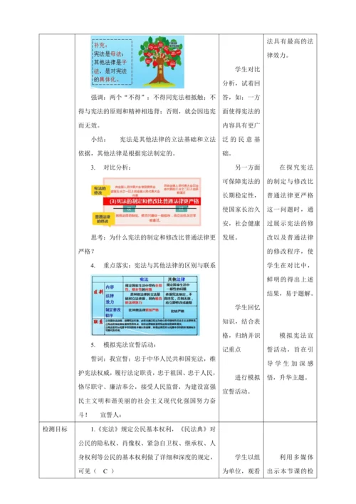 【核心素养目标】2.1 坚持依宪治国 教学设计（表格式）人教版八年级道德与法治 下册
