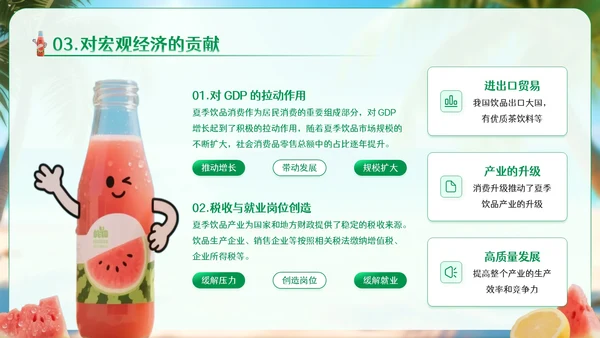 绿色卡通风夏季饮品经济消费报告PPT模板