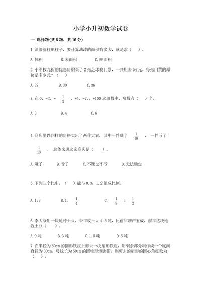 小学小升初数学试卷网校专用