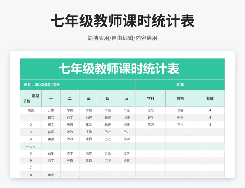 小清新风七年级教师课时统计表