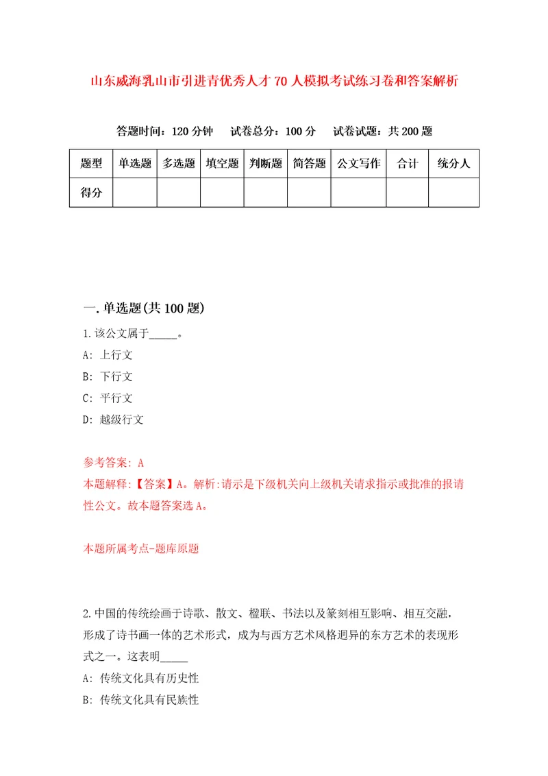 山东威海乳山市引进青优秀人才70人模拟考试练习卷和答案解析第8期