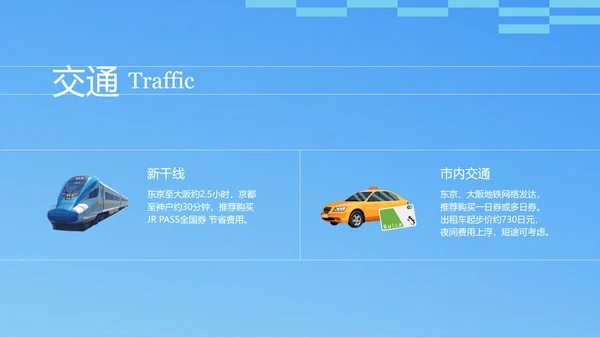 蓝黄色插画日式日本旅游攻略PPT模板