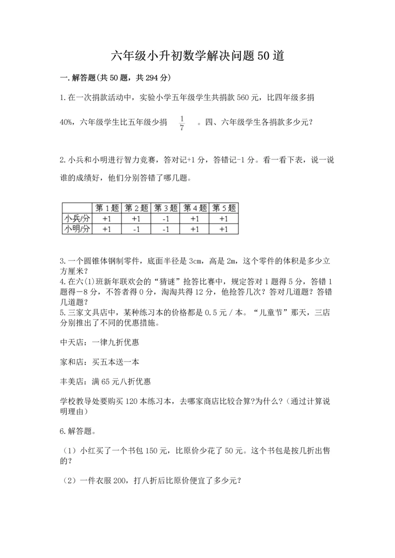 六年级小升初数学解决问题50道含下载答案.docx