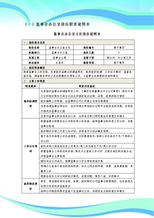 监事会办公室岗位职责