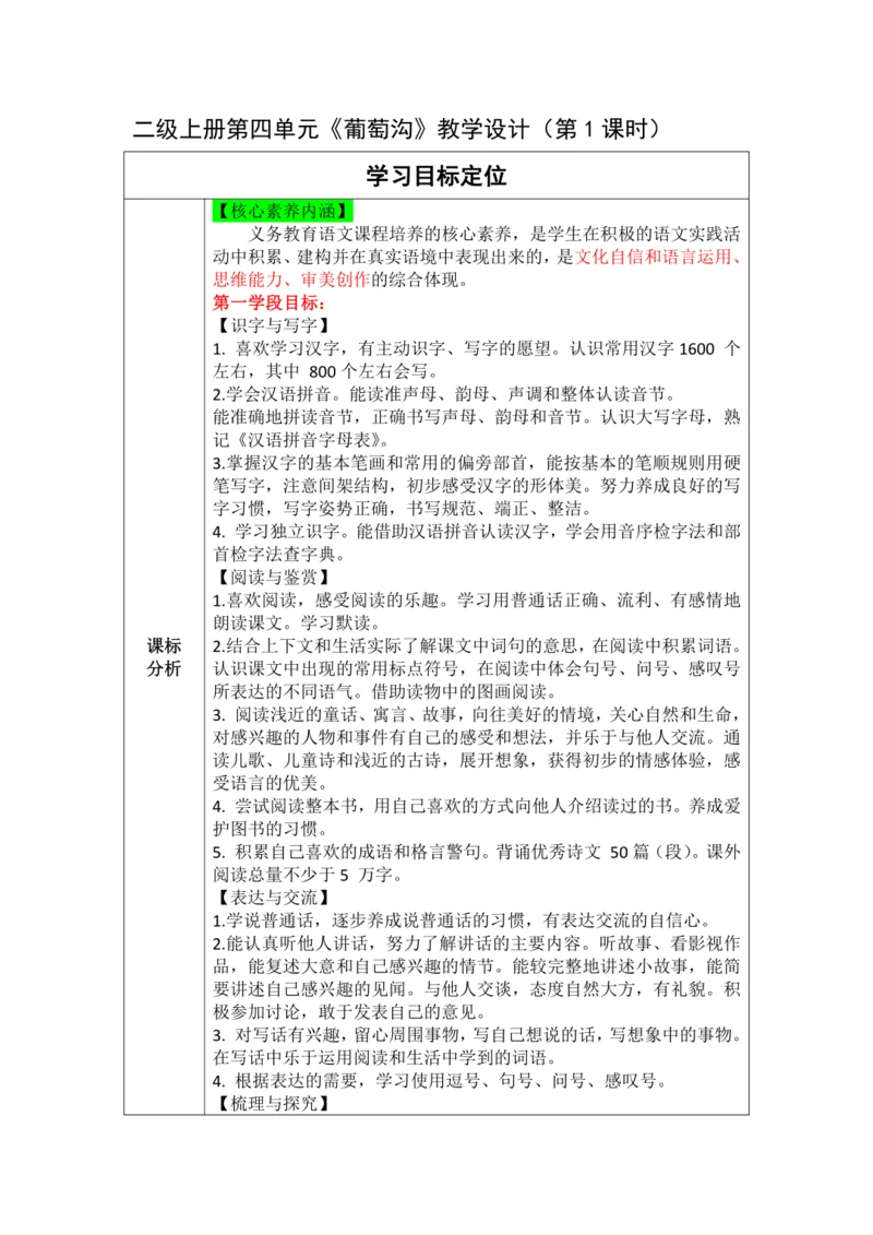 【大单元】11《葡萄沟》 第1课时 教学设计