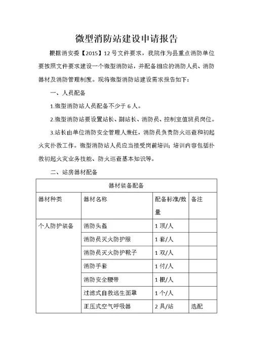 关于我院微型消防站建设的申请书