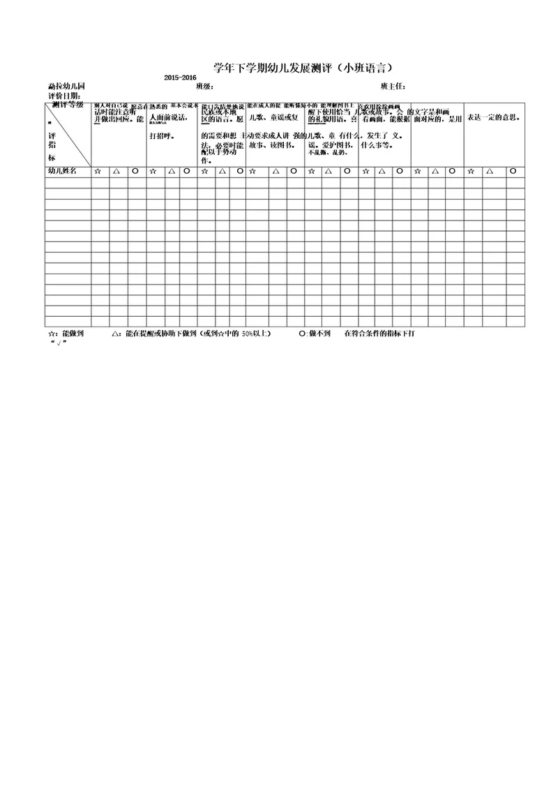 小班幼儿语言领域发展测评