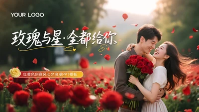 红黄色创意风七夕浪漫玫瑰与星全都给你PPT模板