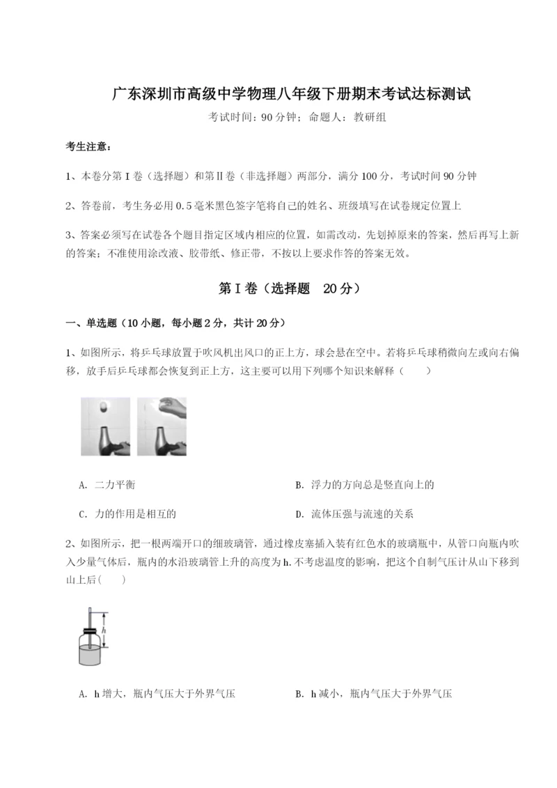 广东深圳市高级中学物理八年级下册期末考试达标测试试题（含详细解析）.docx