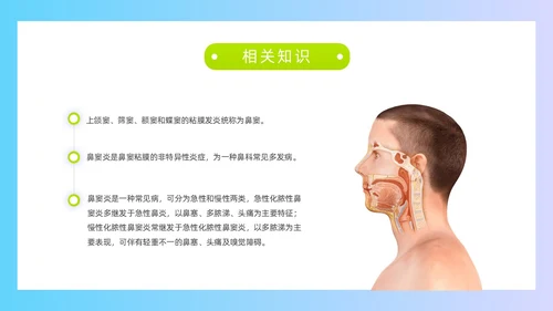 蓝色简约扁平化插画鼻窦炎护理医疗医护培训动态PPT鼻炎