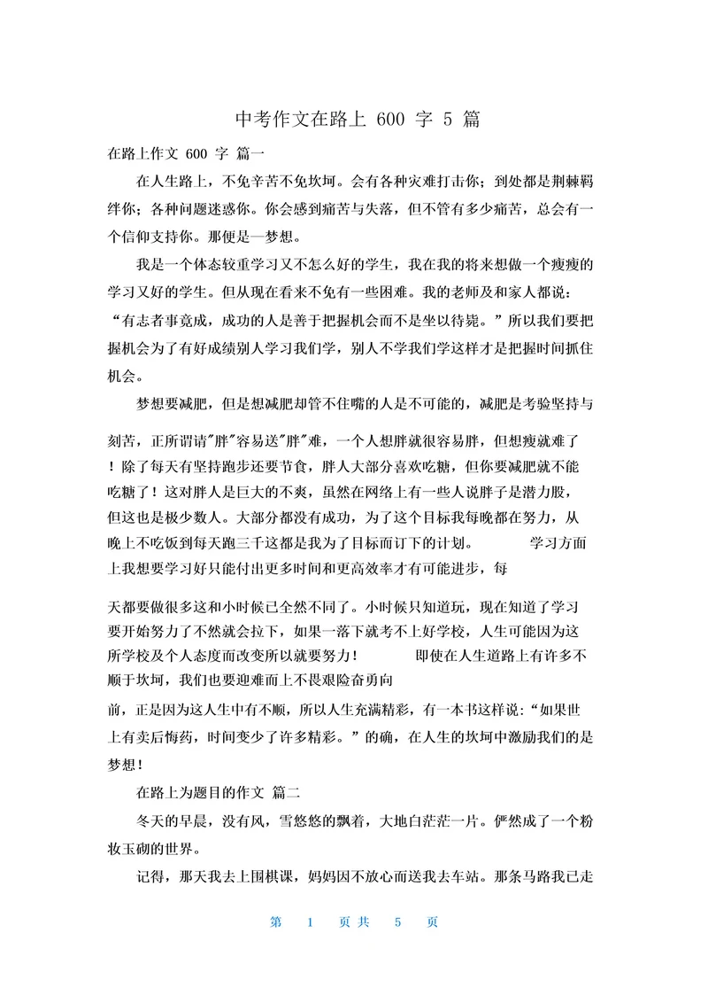 中考作文在路上600字5篇