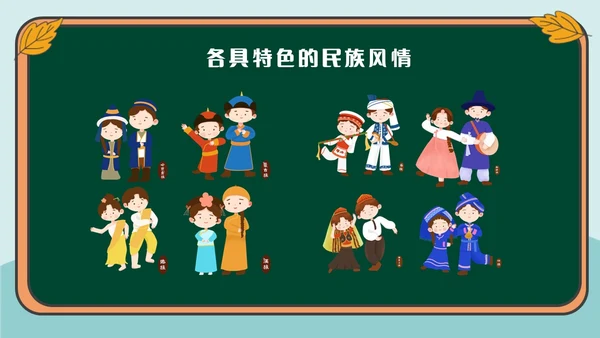 绿色插画风民族文化介绍主题班会民族团结
