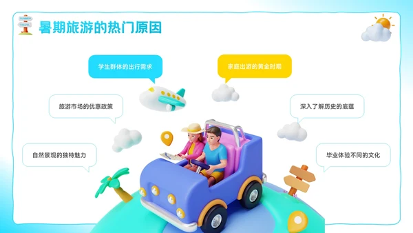 蓝色3D风盛夏之旅：暑期旅游新体验PPT模板