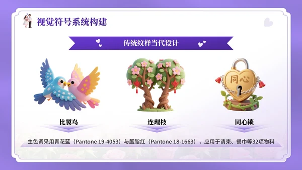紫色3D卡通风七夕主题婚礼策划方案PPT模板