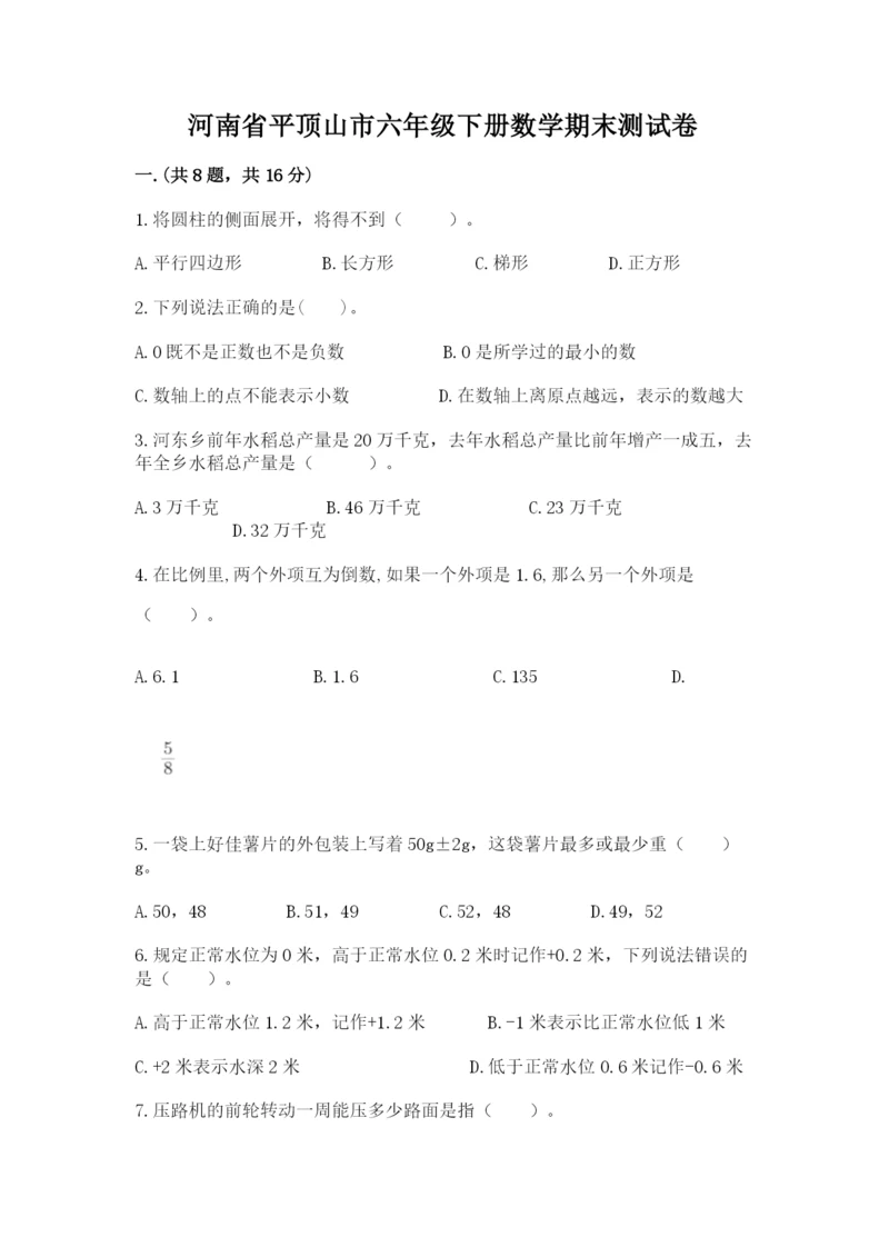河南省平顶山市六年级下册数学期末测试卷（必刷）.docx