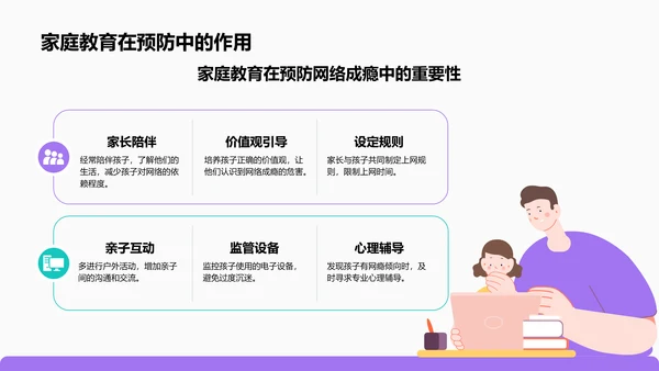 紫色插画风拒绝网瘾，健康成长主题班会PPT模板